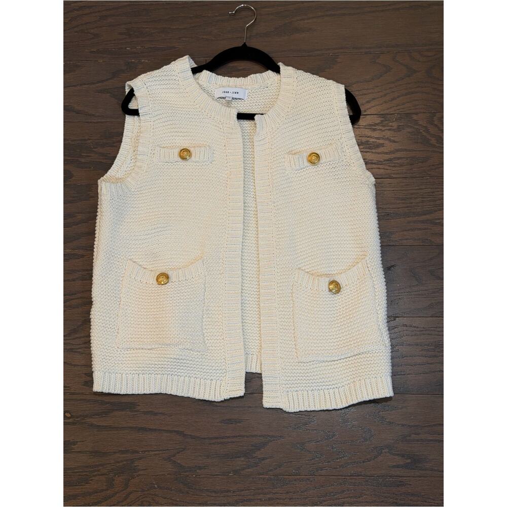 John + Jenn Cream Knit Sweater Vest Gold Button Pocket Open Front Size Large - Picture 2 of 8